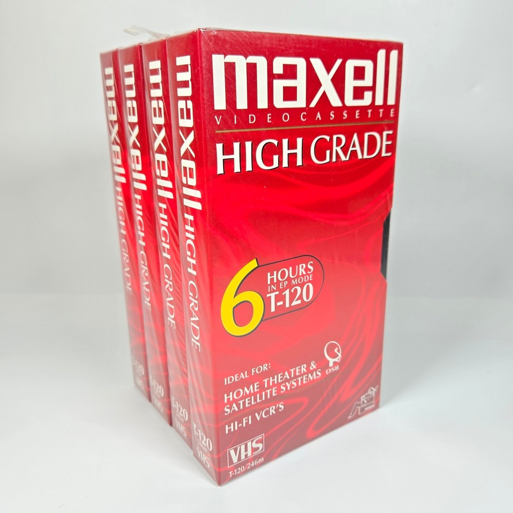 Maxell High Grade T-120 VHS Blank Video Cassette Tapes 6 Hour 4 Pack New Sealed